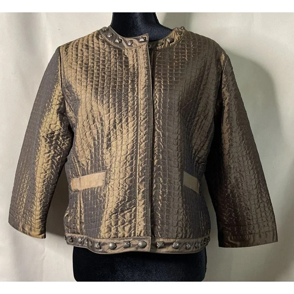 Ruby Rd. Petite Lightweight Metallic Quilted Gold Brown Jacket Embellished‎ 14P - Picture 1 of 6